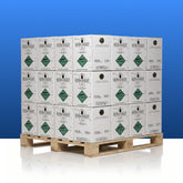 Stack of refrigerant boxes on a wooden pallet with a blue background