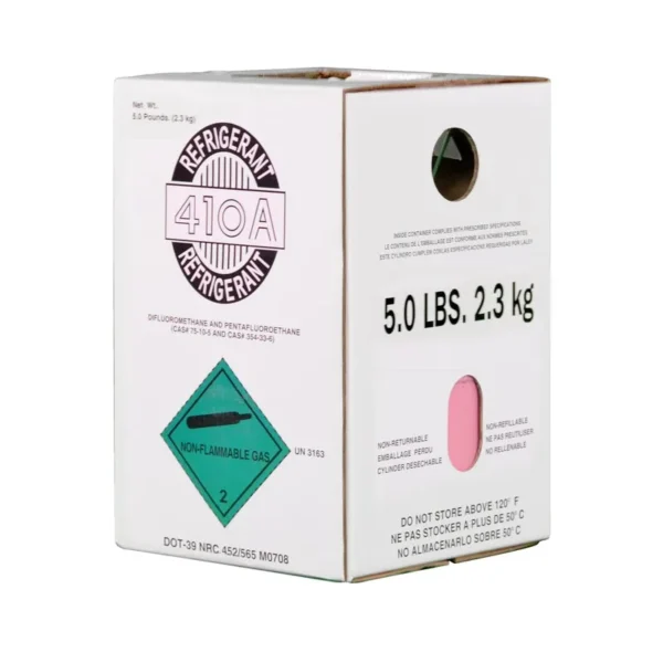 White 5 lb R-410A refrigerant box with EPA compliance info and green non-flammable gas label, for HVAC shipping and storage.