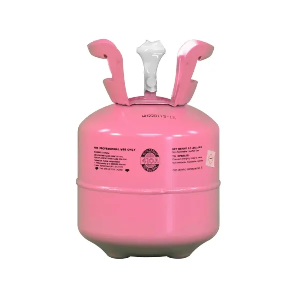 Pink 5 lb R-410A refrigerant cylinder with safety labels and white valve, used for central air and heat pump system servicing.