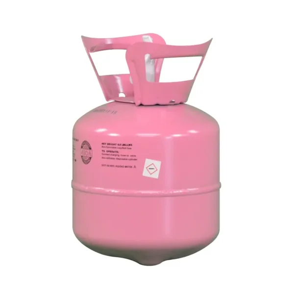 Rear angled view of pink 5 lb R-410A refrigerant tank showing compliance markings and protective handle design.