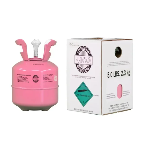 5 lb R-410A refrigerant tank next to its labeled white box packaging, marked as non-flammable gas for modern HVAC system recharging.