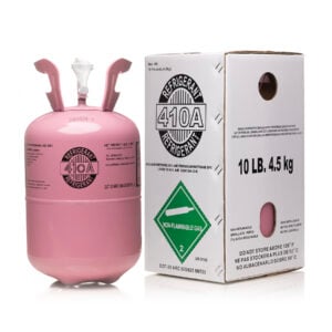 10lb R-410A refrigerant tank with IceCold.US branding next to labeled white and pink box, ideal for new system installs and full AC recharges.