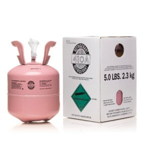 5 lb R-410A refrigerant tank with IceCold.US branding next to labeled white and pink box, ideal for new system installs and full AC recharges.