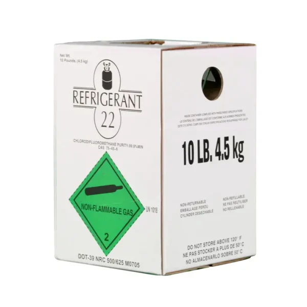 White box labeled for 10 lb R-22 refrigerant, marked as non-flammable gas with EPA compliance and handling instructions.