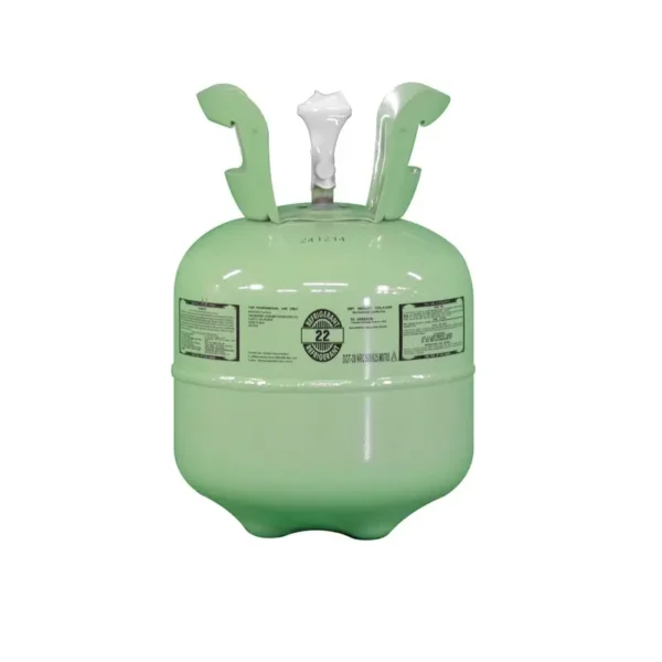 Green 10 lb pressurized R-22 refrigerant tank with white valve and safety markings, designed for EPA-compliant HVAC servicing.