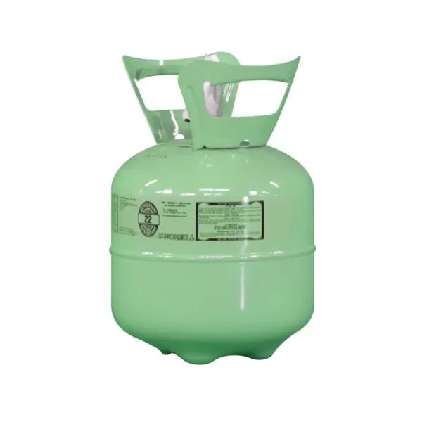 Angled view of 10 lb R-22 refrigerant cylinder showing valve guard and compliance labels for professional use in older AC units.