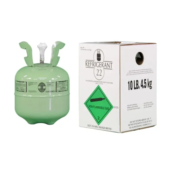 10 lb R-22 refrigerant cylinder with labeled box packaging, intended for large-scale AC recharge and maintenance of legacy systems.