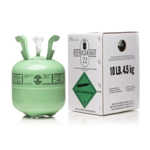 Product composite showing a 10 lb green R-22 refrigerant tank next to its white retail packaging box, displayed side by side on a white background.