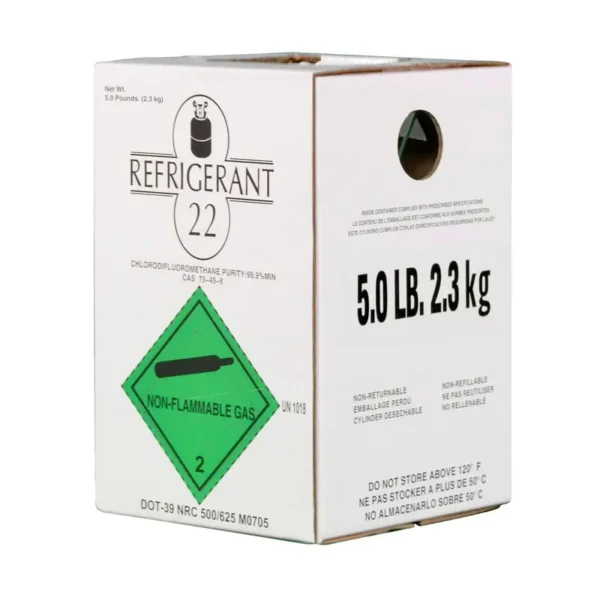 White 5 lb R-22 refrigerant box labeled with non-flammable gas markings, EPA compliance info, and safe storage instructions.