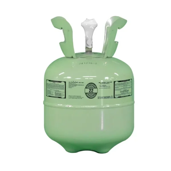 Green pressurized 5 lb R-22 refrigerant cylinder with valve and safety labels, designed for servicing older HVAC systems.