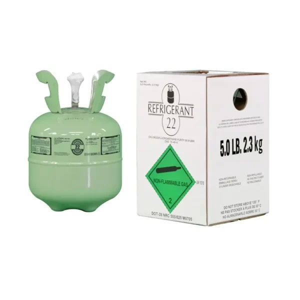 5 lb R-22 refrigerant cylinder alongside its labeled packaging, showing EPA-compliant non-flammable gas container for HVAC service.