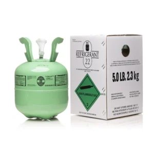 Product composite showing a 5 lb green R-22 refrigerant tank next to its white retail packaging box, displayed side by side on a white background.