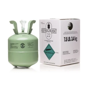 Product composite showing a 7.5 lb green R-22 refrigerant tank next to its white retail packaging box, displayed side by side on a white background.