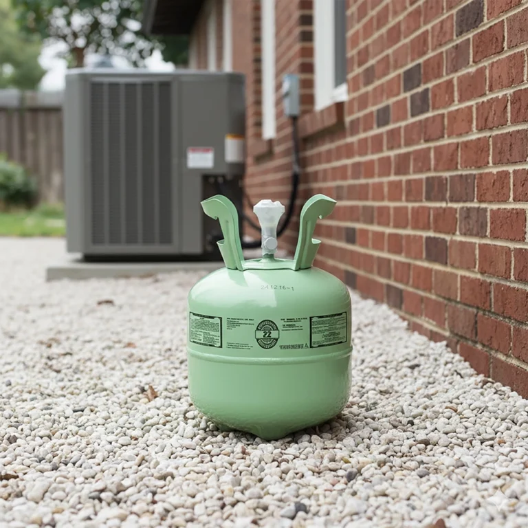 Light green 10 lb R-22 refrigerant tank sitting on white gravel beside a residential brick home, with a gray outdoor AC condenser unit in the background.