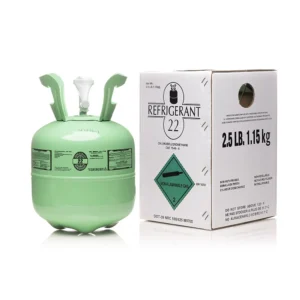 Product composite showing a 2.5 lb green R-22 refrigerant tank next to its white retail packaging box, displayed side by side on a white background.