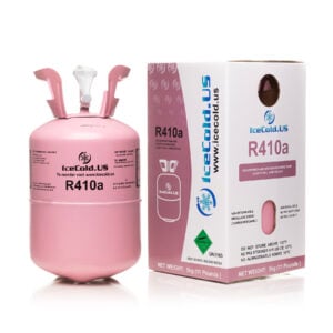 11lb R-410A refrigerant tank with IceCold.US branding next to labeled white and pink box, ideal for new system installs and full AC recharges.