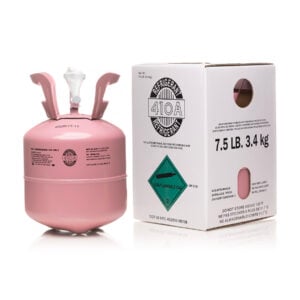 7.5lb R-410A refrigerant tank with IceCold.US branding next to labeled white and pink box, ideal for new system installs and full AC recharges.