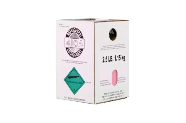 White packaging box for 2.5 lb R-410A refrigerant, labeled with EPA compliance info and non-flammable gas symbol.