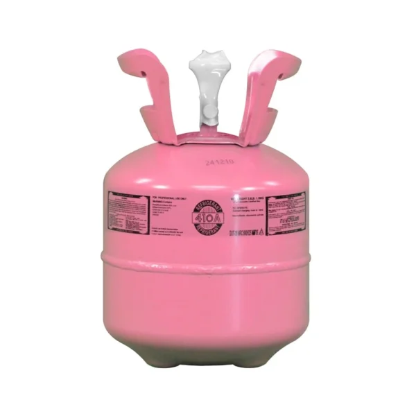 Pink 2.5 lb R-410A refrigerant tank with white valve and printed safety information, used for topping off modern HVAC systems.