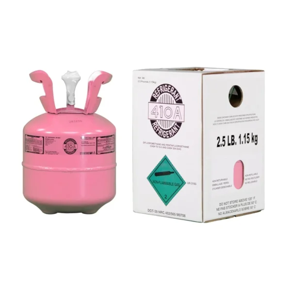 2.5 lb R-410A refrigerant cylinder next to its labeled white box, showing non-flammable gas markings and EPA compliance for residential AC use.
