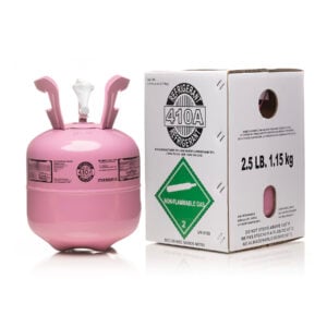 2.5 lb R-410A refrigerant tank with IceCold.US branding next to labeled white and pink box, ideal for new system installs and full AC recharges.