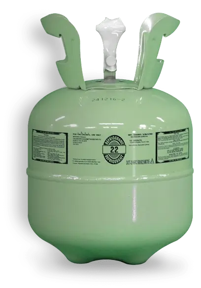 Green R-22 refrigerant cylinder with brass valves and fittings, HVAC air conditioning system component
