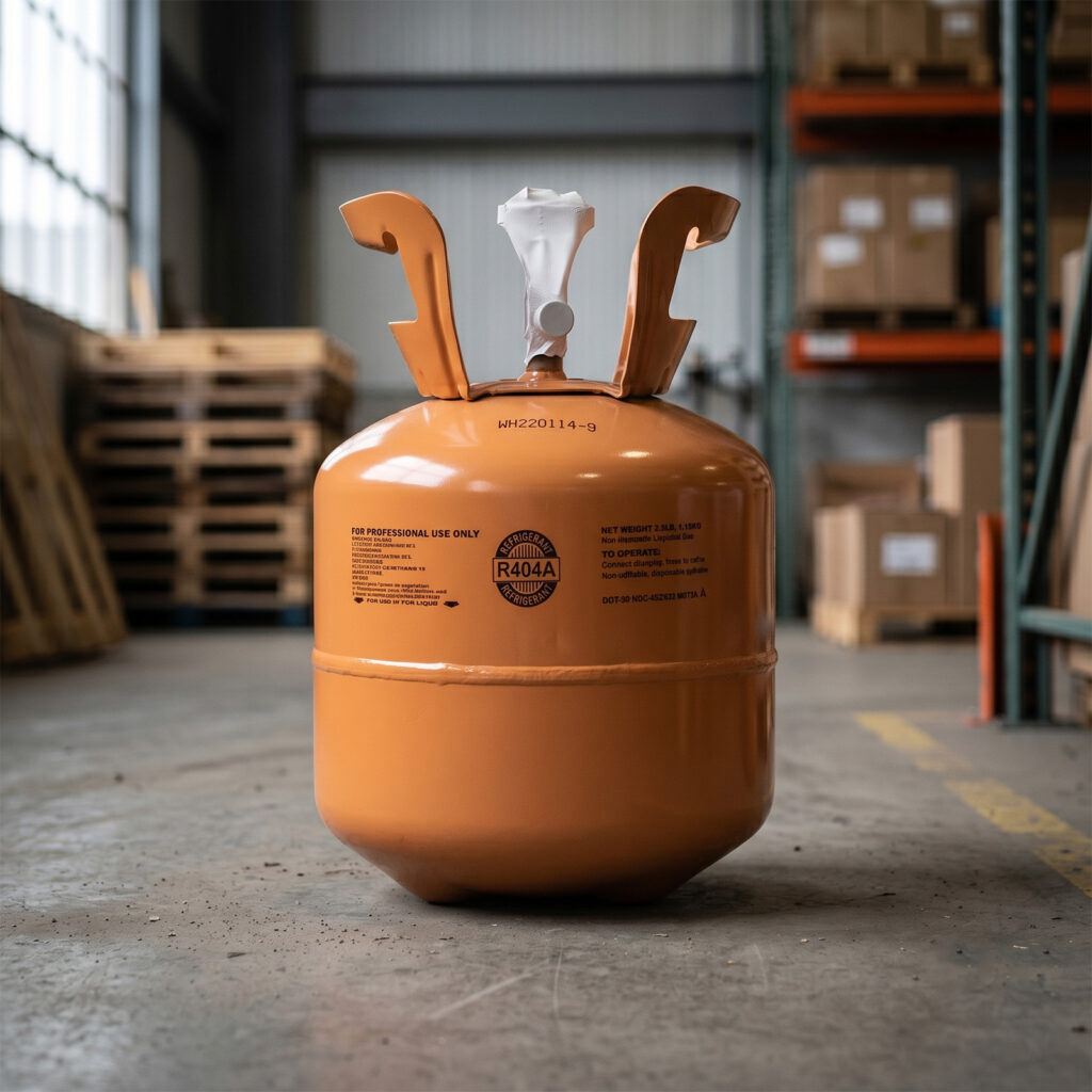 An orange refrigerant tank sitting in a commercial warehouse.
