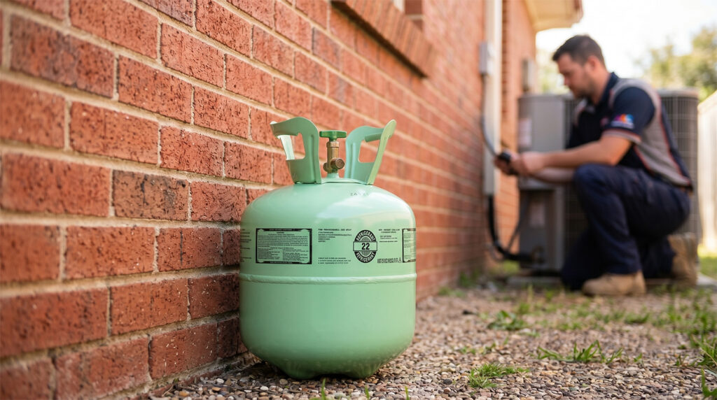 A green refrigerant tank next to a brick house with a HVAC tech fixing the AC