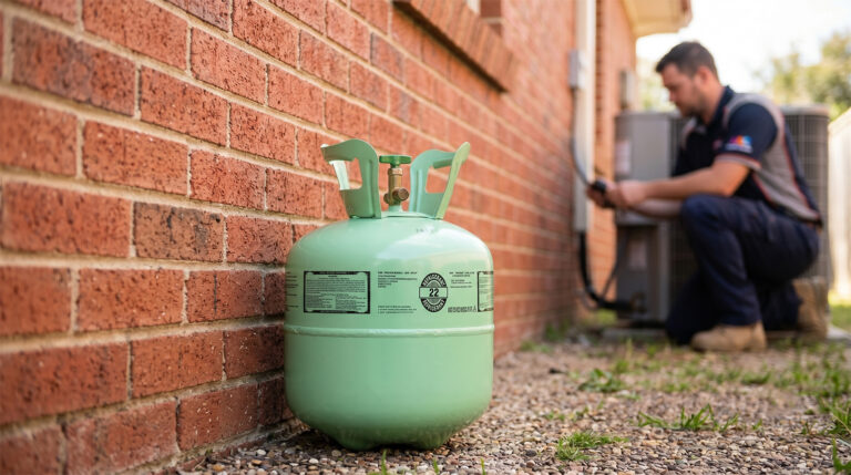 A green refrigerant tank next to a brick house with a HVAC tech fixing the AC