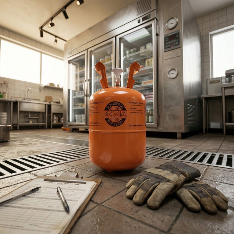 Orange refrigerant tank with 'R-404A' on a tiled floor in a kitchen setting.