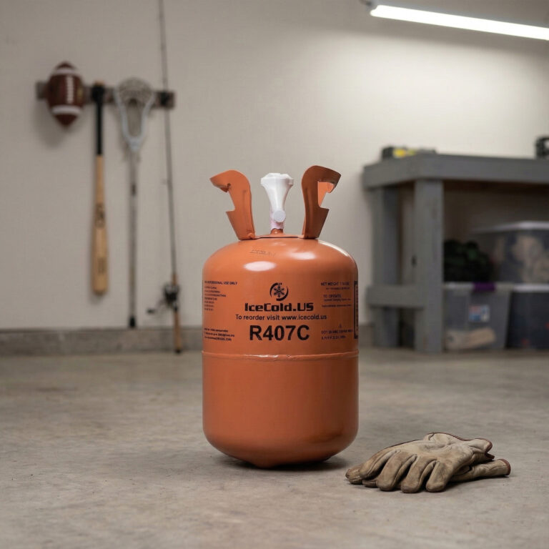 Orange refrigerant tank labeled R407C on a concrete floor with gloves nearby.
