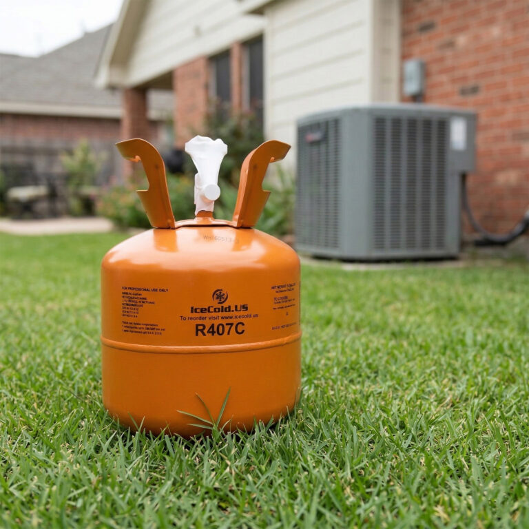 Orange refrigerant canister on grass with air conditioning unit in the background