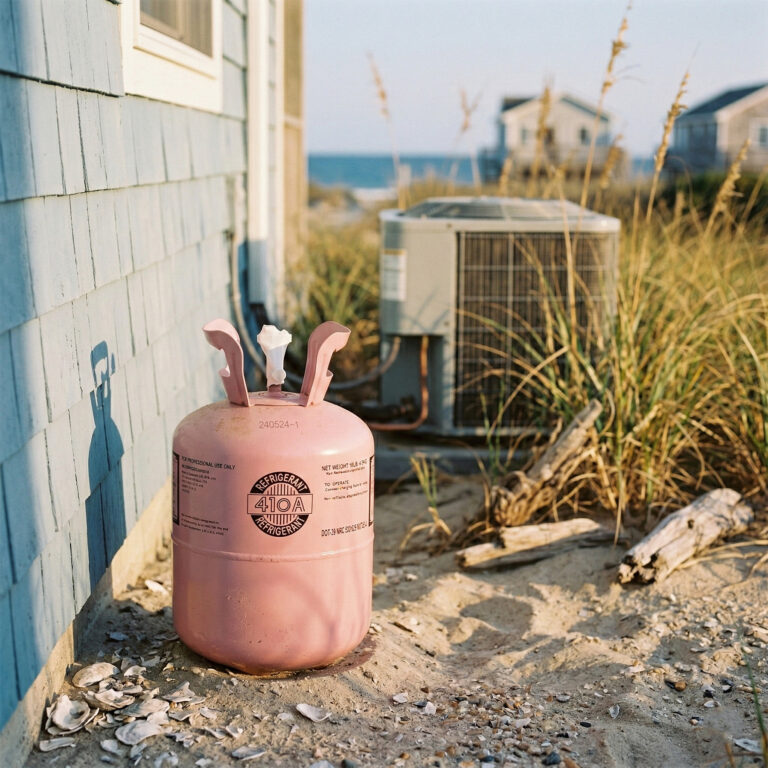 Pink refrigerant tank on a beach with houses and ocean in the background