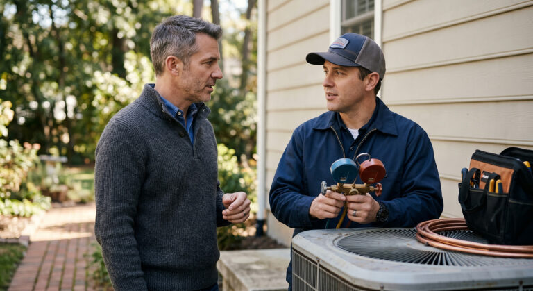 A homeowner talking with an HVAC technician beside an outdoor AC condenser unit, as the technician holds a refrigerant manifold gauge set.