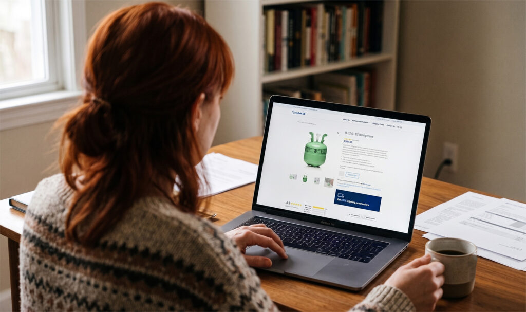 A woman shopping online for refrigerant on her laptop.