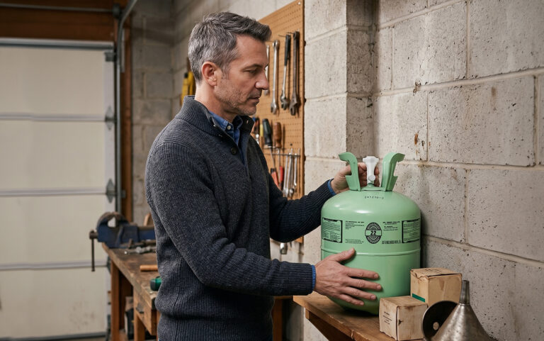 A man examining a green R-22 refrigerant cylinder on a workbench in a garage workshop.