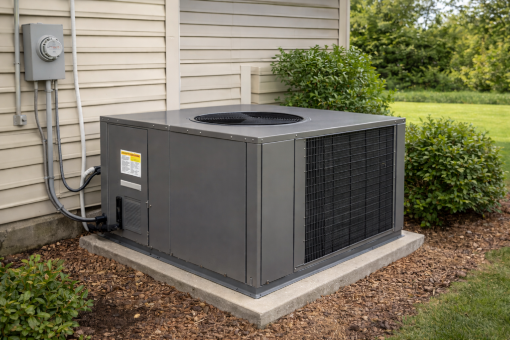 Gray outdoor HVAC unit next to a suburban home.