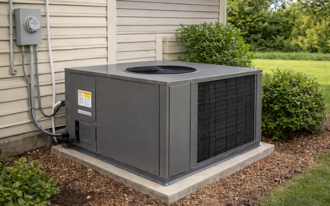 Gray outdoor HVAC unit next to a suburban home.